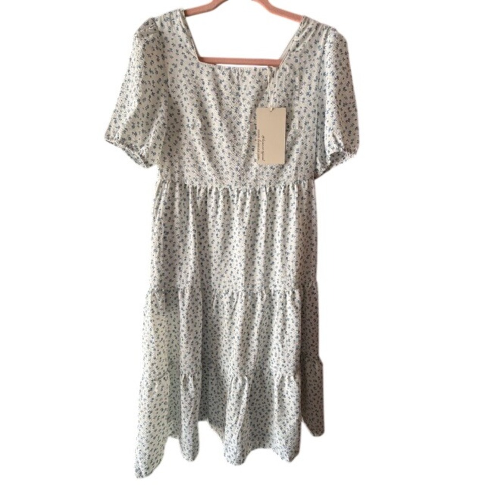 Leia n Co Blue Floral Tiered Midi Dress Square Neck Puff Sleeve Seersucker Small